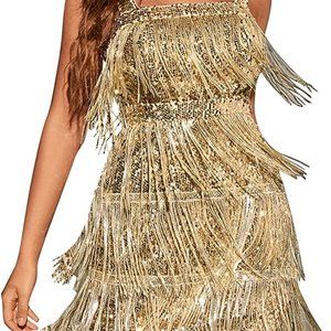 Ticcoy Women's Sparkly Sequin Tassels Fringe Mini Dress V Neck Spaghetti Straps